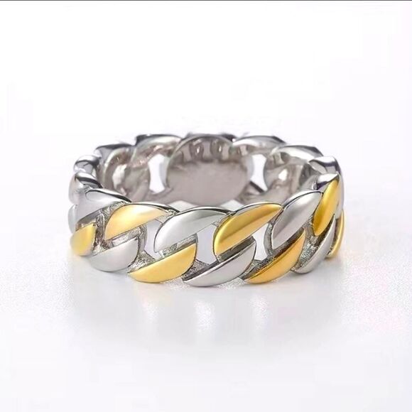 Gold and Silver Tone Braided Chain Ring 7mm Wide Cuban Link Chain Ring - Picture 3 of 4